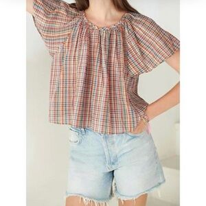 BeachLunchLounge gingham boho short puff sleeve plaid jo top blouse Size L